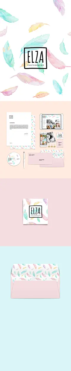 ELZA PHOTOGRAPHIE : Branding for a lifestyle &amp; colorful photographer. The feather pattern was painted with watercolor.