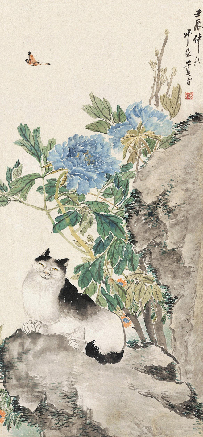 沙馥耄耋图耄耋富贵仿忘庵老人笔意壬辰仲花石猫蝶立轴欣赏