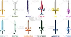 剑,白色,分离着色,数字12,天秤座,水瓶座,月,双鱼座,布置