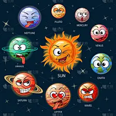 可爱的 emoji 表情行星的太阳系。太阳, 水星, 金星, 地球, 火星, 木星, 土星, 天王星