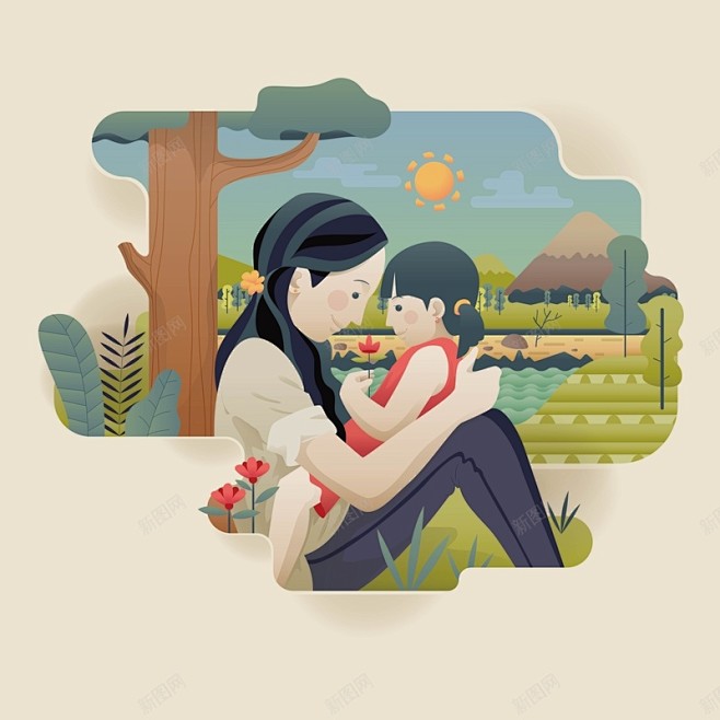 温馨母女户外插画背景 背景 设计图片 免...