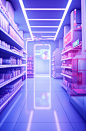 ，这家紫色和蓝色的商店充满了在售的商品，采用cinema4d渲染的风格，科学学术界，漏光，医学主题，化学反应，浅红色和紫色，ISO 200
