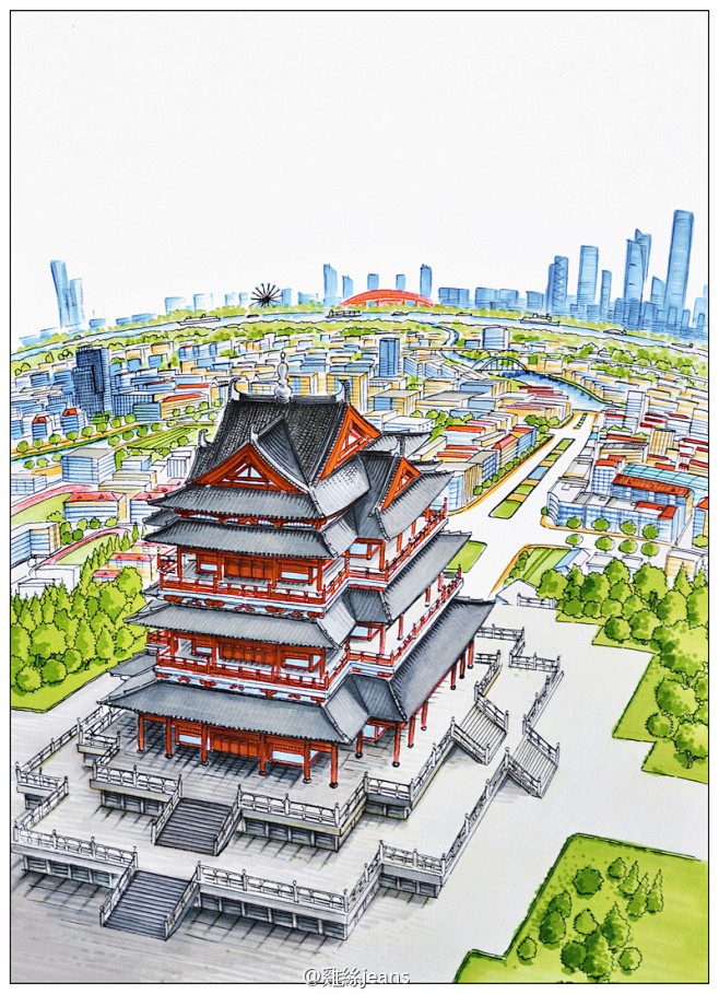 手绘南京江浦凤凰阁