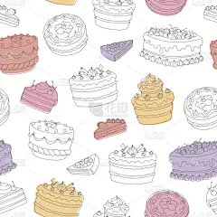 蛋糕,绘画插图,四方连续纹样,甜点心,彩色图片,矢量,插画,轮廓线画,樱桃,无人