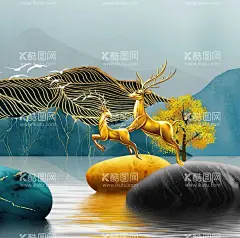 金色麋鹿湖泊石头挂画装饰画  - 源文件下载【酷图网】时尚艺术画,高清,水彩树,高清装饰画,艺术挂画,中式挂画,湖泊,美景,金色麋鹿,高清风景画,湖泊美景