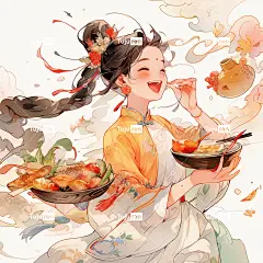水彩画中国传统少女吃火锅，一个唐代的奇幻海报