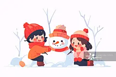【AI数字艺术】立冬节气概念插图，冬天户外小孩去堆雪人插画图片素材