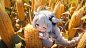 在玉米地里一个超长发小女孩抱着一个巨大的玉米数字艺术（非企业商用）