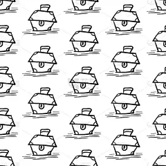 海盗无缝图案，黑色船长宝箱背景壁纸，可重复有趣的手绘纹理盒，矢量插图孤立上白线艺术形状