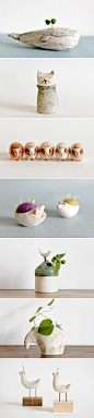 couple good ideas here, make clay sculpture for vase, or pincushion with felted inside: 