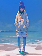 动漫1668x2224 Yuru Camp动漫女孩Rin Shima海滩晴空长发蓝色头发紫罗兰色的眼睛微笑的大腿海2D粉丝艺术头巾