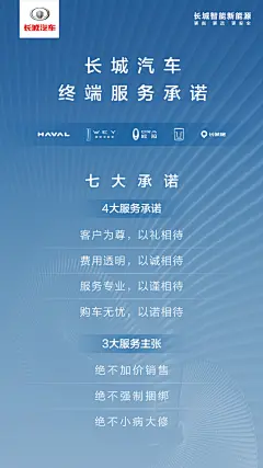 长城汽车“决胜新终端”，全新服务承诺正式发布，覆盖全国所有门店。全面To C战略，是长城汽车的核心战略，以用户为中心，不只是一句口号。让用户在看车、购车、用车的全周期，都能享受到优质、专业的服务。#长城汽车#长城汽车超话