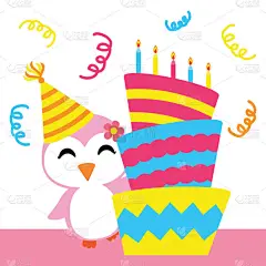 可爱的企鹅女孩生日蛋糕矢量卡通、 生日明信片，壁纸，与贺卡