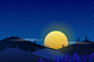 扁平矢量夜晚风景插画手绘乡村秋季野外森林傍晚山月亮AI设计素材