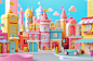 a model of toy castle set up in front of some buildings, in the style of colorful animations, candycore, soft and rounded forms, vibrant street scenes, monochromatic palette, pinkcore

--ar
 32:21
