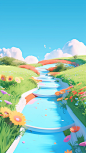 a bright and colorful pathway with a path and flowers, in the style of cartoon-inspired pop, 32k uhd, fluid simplicity, soft and rounded forms, sky-blue, immersive, hyper-realistic water