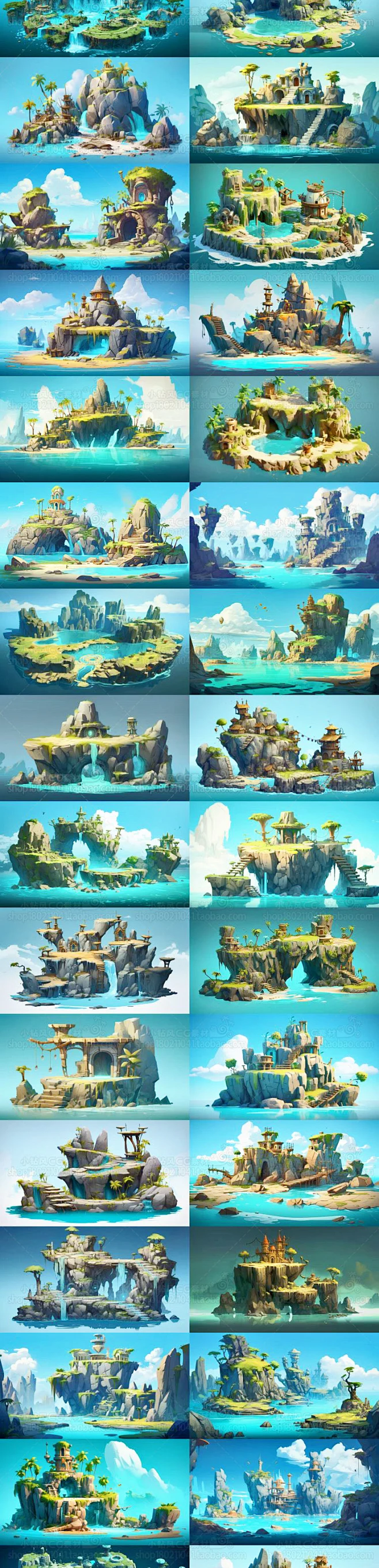 ai海岛建筑游戏素材 游戏动画场景概念设定 卡通动漫插画场景建筑