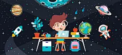 卡通可爱儿童宇宙太空探索星际畅想宇航员火箭航天插画ai设计素材-淘宝网