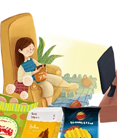 手绘吃饭看剧吃零食女孩独处一个人的快乐