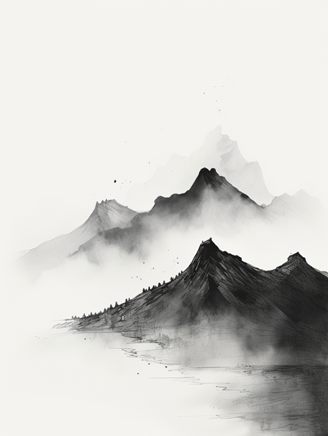 极简主义山水插图，水墨山脉清晰黑白
