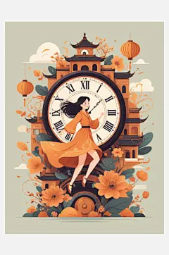 数字艺术插画版画海边女孩线条画扁平风装饰-众图网