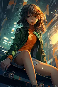 黄昏滑板少女潮流时尚滑板女孩插画