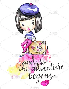 手绘插图。水彩卡片小女孩与旅行袋。书法字。冒险,假期。可以印在t恤、包包、海报、请柬、卡片、手机壳上