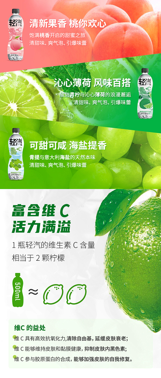 轻汽无糖0脂0卡白桃汽水青柠薄荷苏打气泡...