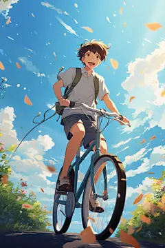 骑行蓝天自行车学生插画图片