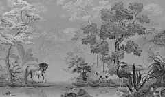欧式 热带雨林 树林 马 鹿 狗 蘑菇 手绘 壁画 壁纸 墙画 背景墙 电视背景 床头背景 卧室 酒店