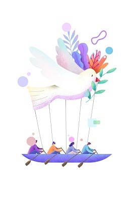 同舟共济协作划船和平信鸽团队协作插画