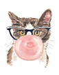 Cat Watercolor PRINT - 8x10 Painting, Bubble Gum, Cat Eye Glasses, Funny Watercolor