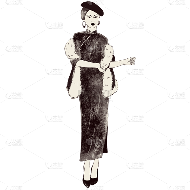 手绘-版画民国风人物插画贴纸2
