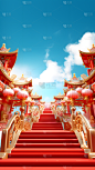 年货节中国风中式3D立体C4D喜庆年货街促销建筑街道场景背景图片素材