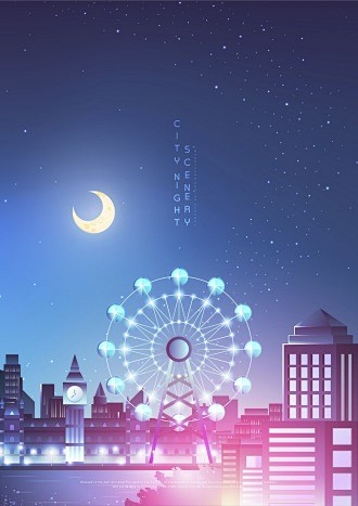 摩天轮 闪亮弯月 都市建筑 风景插图插画...