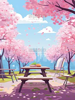 创意卡通文艺春天樱花树下长椅野餐插画素材
