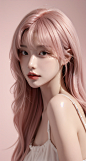  pink hair .Messy long hair. Delicate skin with. Upper body. 1girl