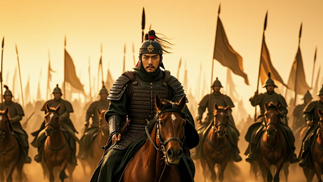 中国一位古代将军骑马领军，带着士卒行军时候的场景，真人实拍，远景，背景黄沙漫天-花瓣网