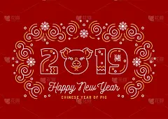 2019年春节贺卡上有猪的图案。细线艺术设计，矢量贺卡，海报，传单。中文翻译:猪。矢量图