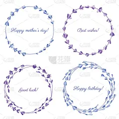 薰衣草花环孤立在一个白色的背景，圆形的彩色框架，手绘涂鸦矢量素描草药复古图形雕刻集，卡片，邀请，婚礼