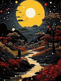 富有想象力的奇幻风景插画海报金黄色