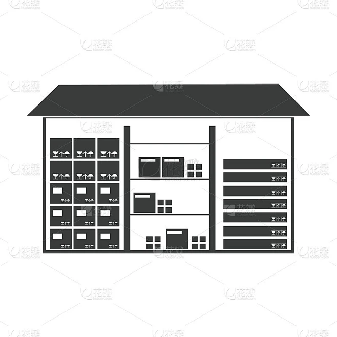 仓库图标在黑色风格孤立的白色背景。逻辑符号股票矢量图。素材-花瓣网