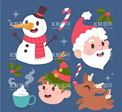 可爱圣诞角色头像  - 源文件下载【酷图网】雪人,圣诞老人,麋鹿,拐棍糖,精灵,eps,ai,矢量,高清图片,素材,