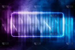 发光的空矩形霓虹框架合成波抽象背景或背景或墙纸与文本或标题的复制空间。蓝色和紫色未来数字图形插图。