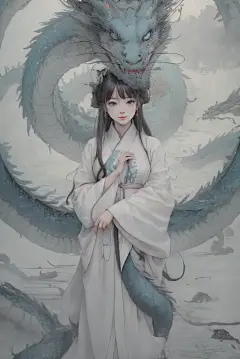 AI数字艺术古风女孩和龙水墨插画-众图网