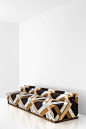 DIVANO 067 DIMORESTUDIO, PROGETTO NON FINITO Sofa with goosedown bolster Padded in foam and upholistered in fabric Details in oxidized brass w.140/180/250 x d.63 x h.58 cm