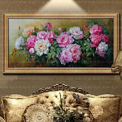 墙画欧式有框画纯手绘油画客厅玄关简约过道挂画酒店装饰画牡丹花-tmall.com天猫