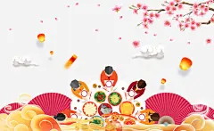 新年年夜饭背景人物psd分层图高清素材 喜迎新年 团年宴 新年卡通手绘人物 新年年夜饭 梅花 欢庆团圆年 欢度春节 灯笼 祥云 红折扇 免抠png 设计图片 免费下载