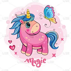 卡通粉红色的独角兽与蝴蝶。可爱的小马浪漫的故事仙境。儿童插图与动物,蝴蝶,云,星星和心。向量.