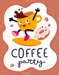 向量创造性插图的能量咖啡杯字符骑在冲浪板与甜甜圈和文本。